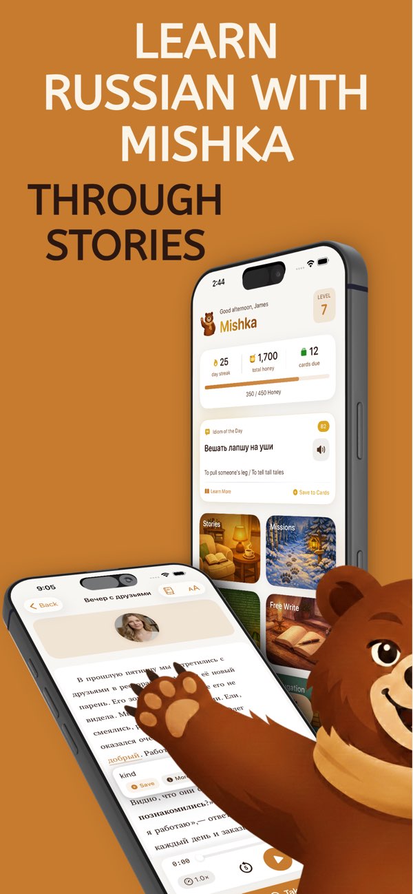 Mishka app screenshot: learn Russian through stories